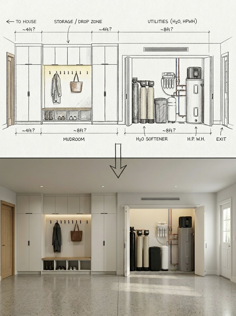 Mudroom and utilities design sketches and render