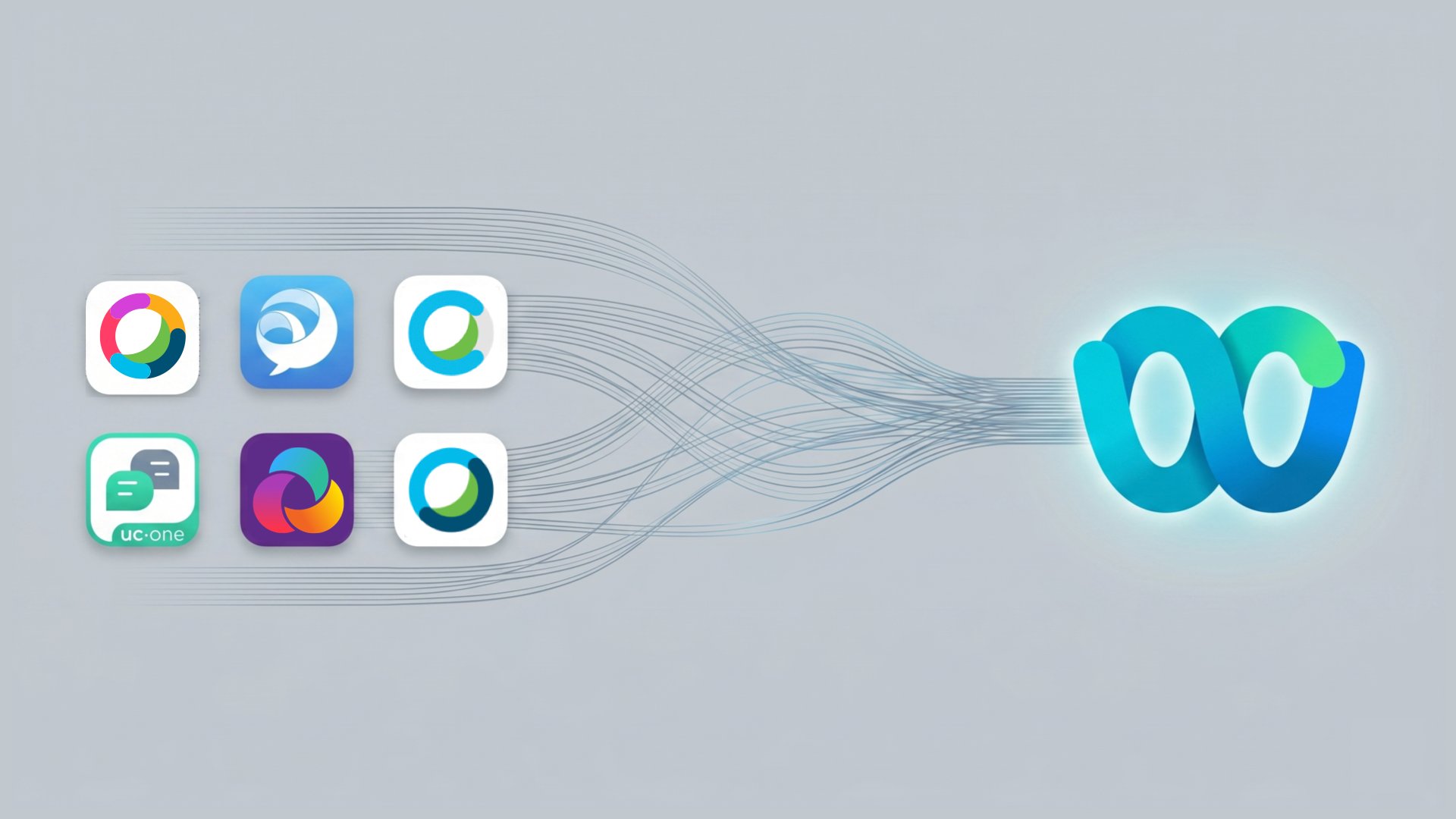 Unified Webex: five legacy collaboration app icons converging into the single unified Webex logo.