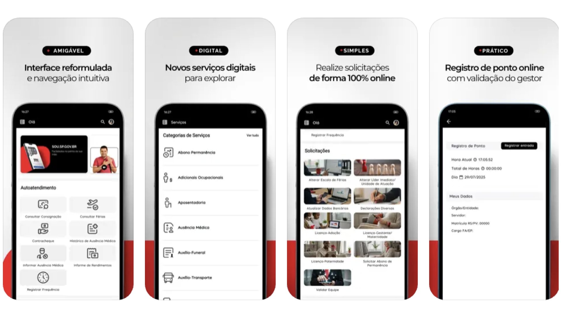 São Paulo: App Store marketing composite from the live SOU.SP.GOV.BR launch — four phone screenshots in the customer's brand frame.