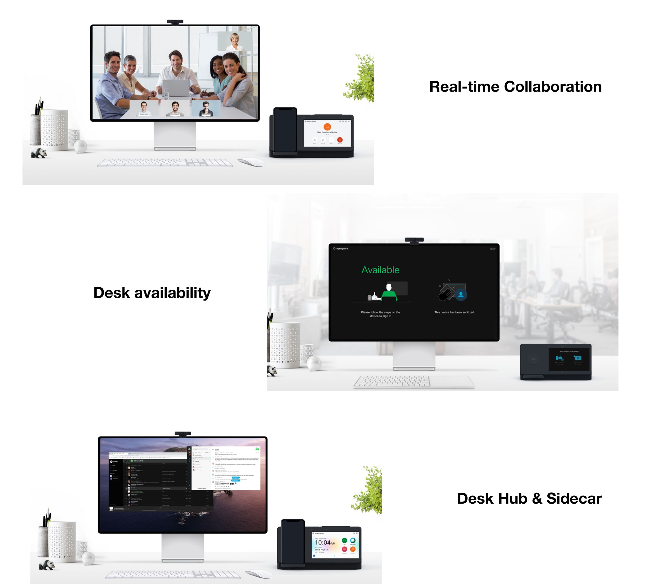 Three deployment scenarios for the Webex Desk Hub & Camera platform — Real-time Collaboration (monitor showing a video meeting grid with a Desk Hub charging dock alongside), Desk availability (monitor displaying 'Available' check-in screen with sanitization confirmation), and Desk Hub & Sidecar (monitor showing Webex desktop app windows with the Sidecar unit running a personalized morning view).