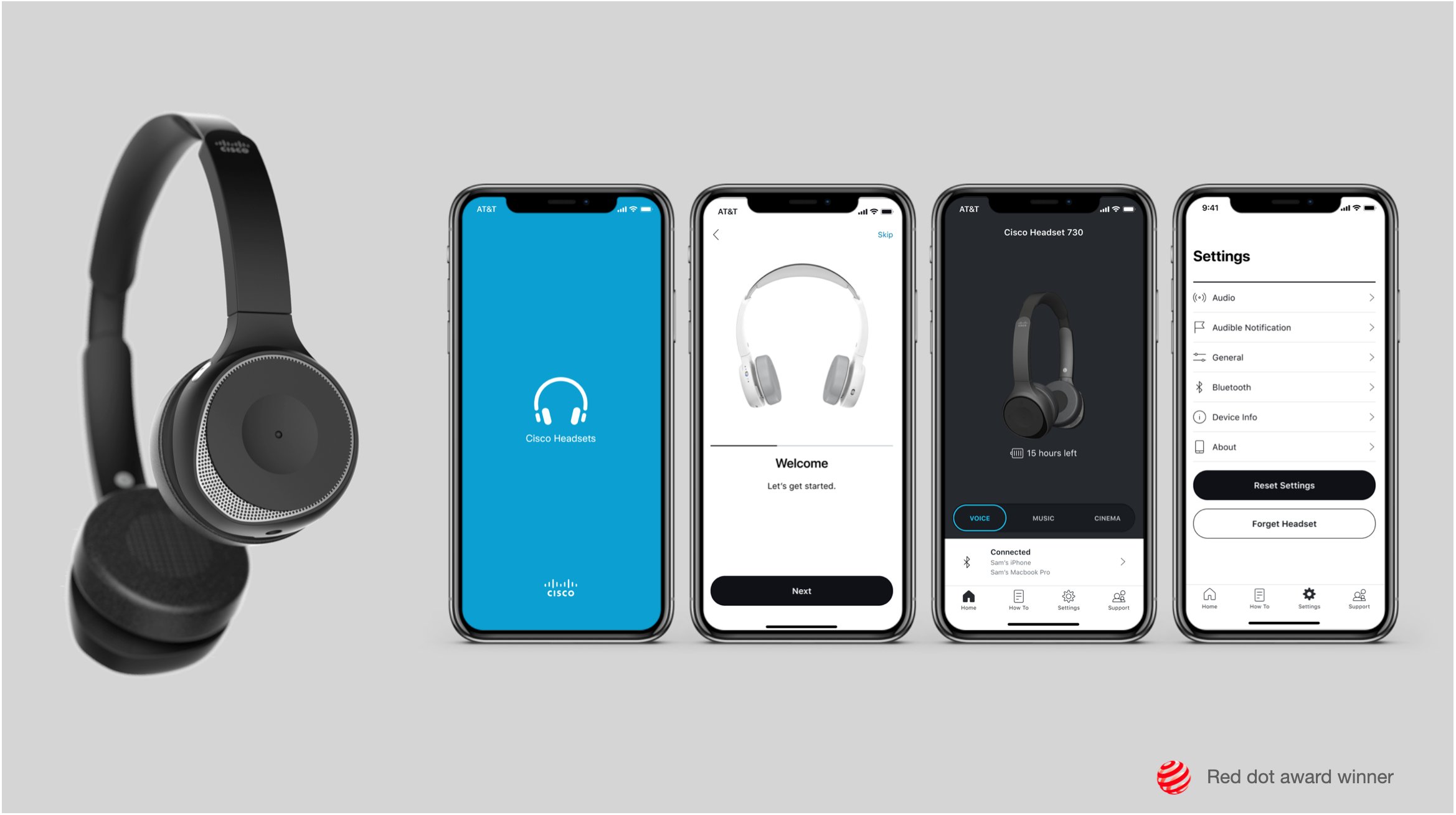 Cisco Headset hero (Red Dot 2020 award winner) shown alongside four iPhone screens from the companion app — the Cisco Headsets splash screen, the Welcome onboarding screen with a headset illustration, the Cisco Headset 730 home view with battery life and audio mode selector, and the Settings screen with audio, Bluetooth, and device options.