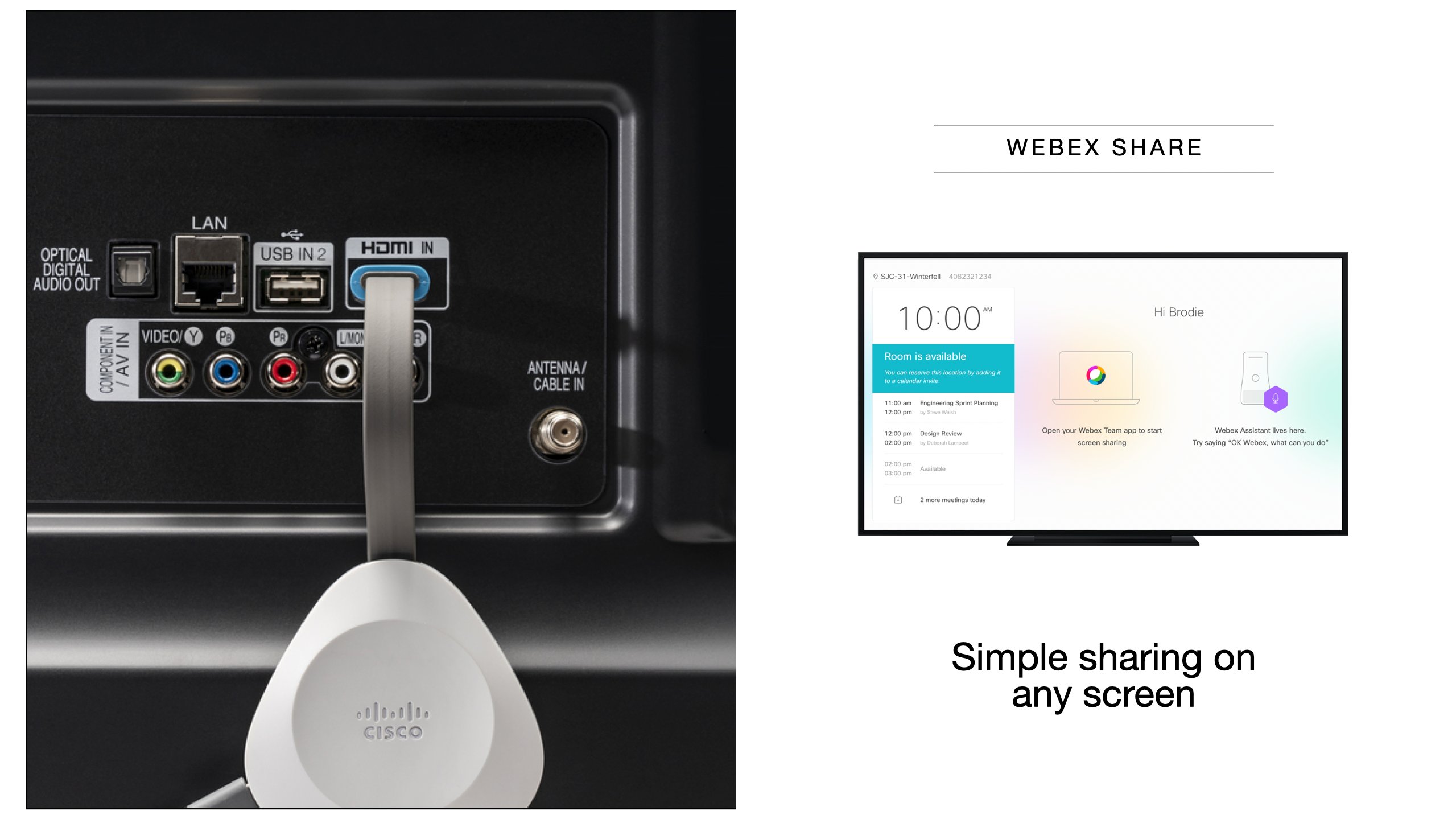 Webex Share — left half shows the small white Cisco-branded dongle plugged into the HDMI input on the back panel of a television; right half shows a wall-mounted TV displaying the Webex Share room-state interface with a calendar of upcoming meetings, a room-availability indicator, and the Webex Assistant prompt 'Try saying OK Webex, what can you do?'