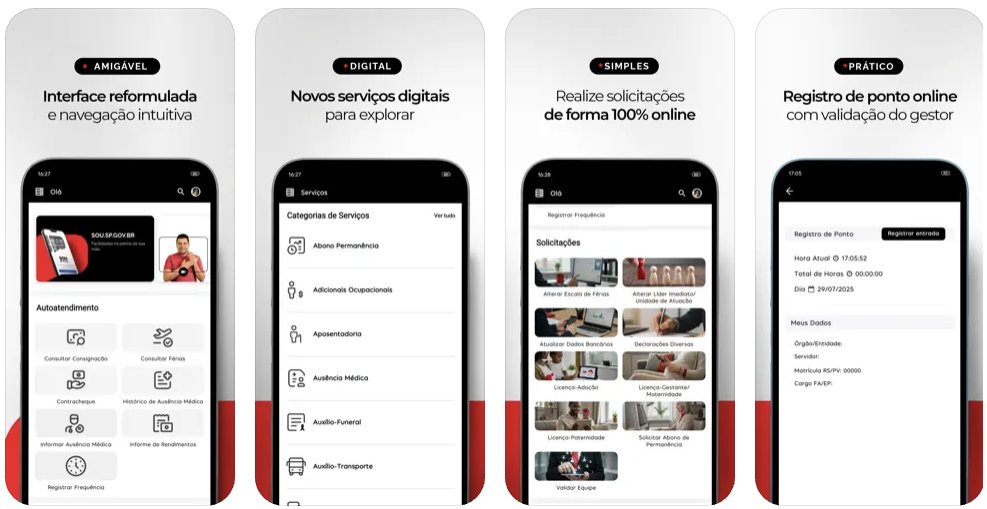 App Store marketing composite from the live SOU.SP.GOV.BR launch — four phone screenshots in the customer's red-and-white brand frame, captioned Amigável, Digital, Simples, Prático.