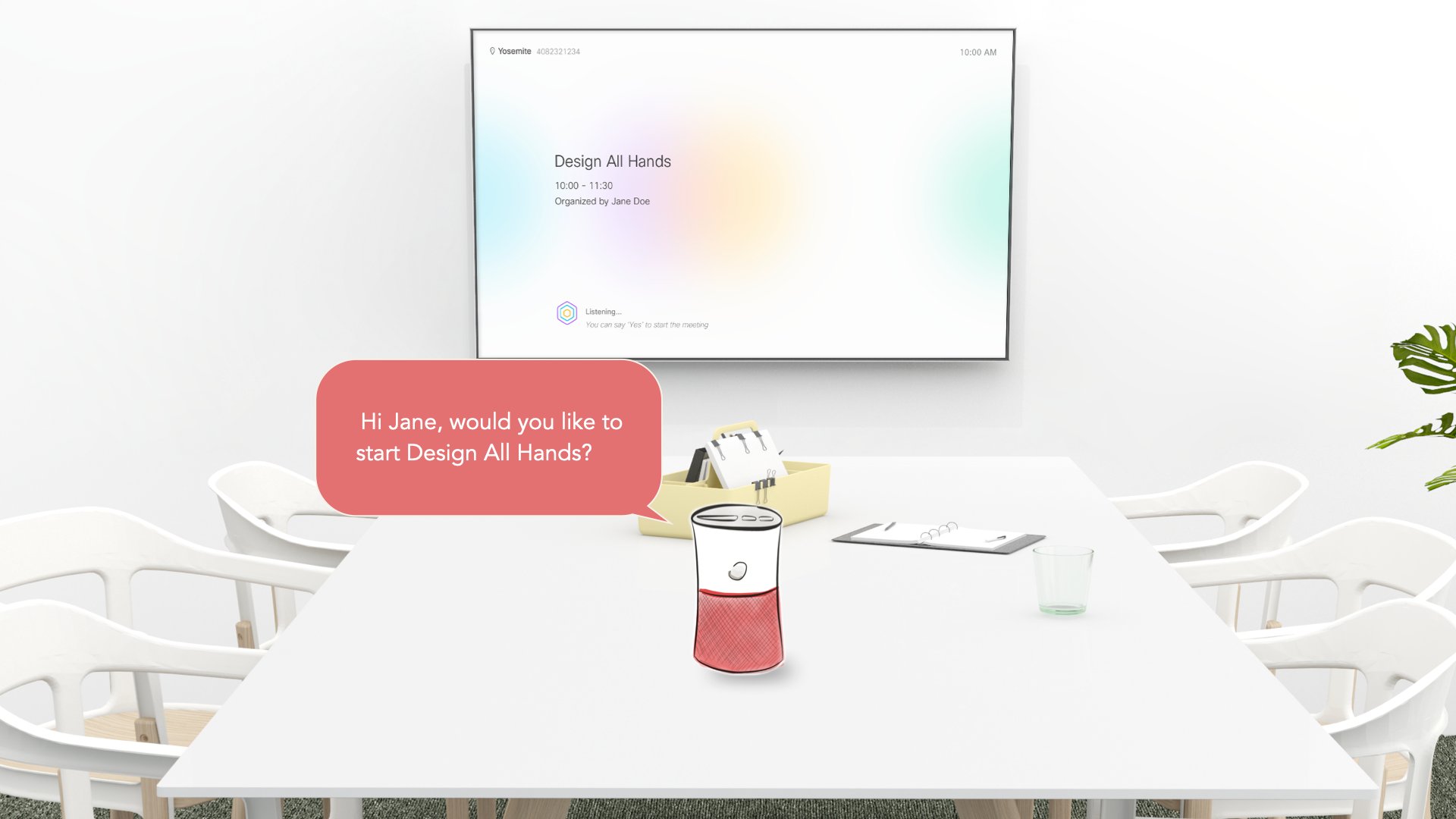 Rendered meeting-room scene: a wall display shows a 'Design All Hands' meeting card with the Webex Assistant listening, prompting 'Hi Jane, would you like to start Design All Hands?' in a speech bubble. A sketched voice device sits on the conference table among chairs.