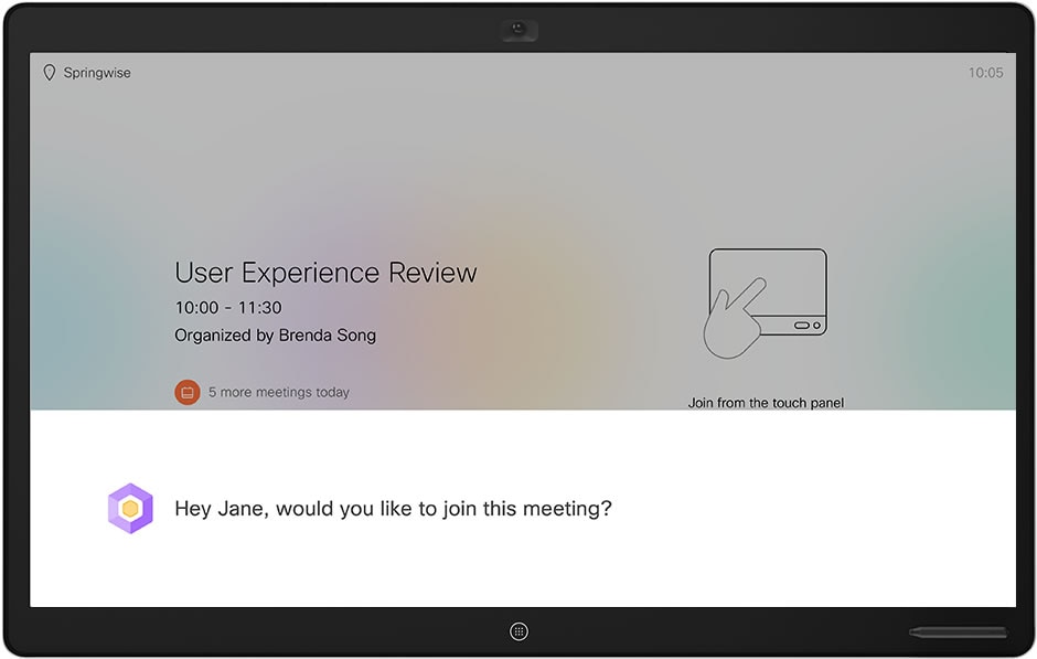 The shipped Proactive Join interaction on a Webex video device: a meeting card reads 'User Experience Review, 10:00–11:30, organized by Brenda Song,' with a touch-panel join affordance and a prompt to join from the touch panel. Below, the Webex Assistant hexagon asks 'Hey Jane, would you like to join this meeting?'